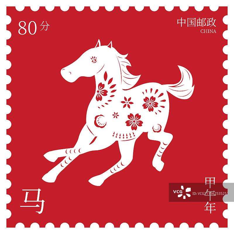 红色十二生肖邮票风格矢量插画海报图片素材