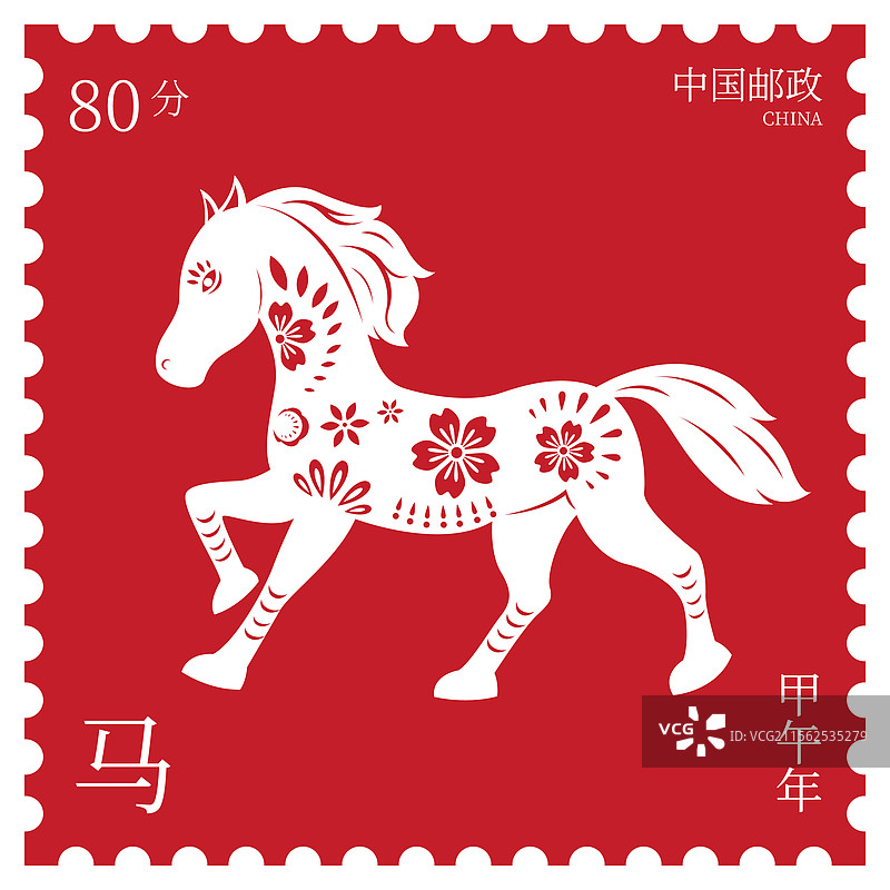 红色十二生肖邮票风格矢量插画海报图片素材