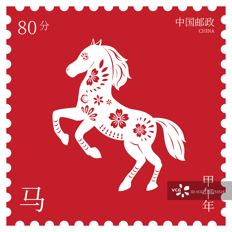 红色十二生肖邮票风格矢量插画海报图片素材