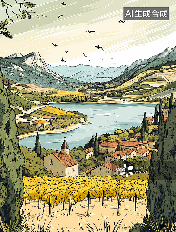 【AI数字艺术】秋日葡萄园湖畔村庄图片素材