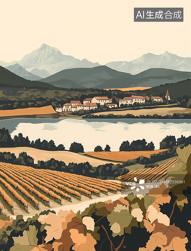 【AI数字艺术】秋日葡萄园湖畔村庄图片素材