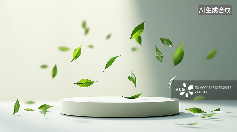 【AI数字艺术】中国传统绿色清新树叶产品展台背景图片素材