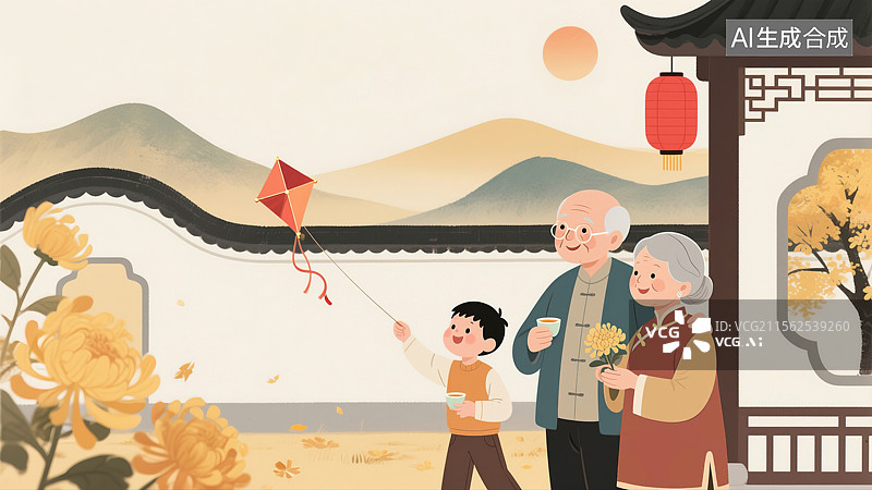 【AI数字艺术】重阳节插画背景老夫妇爷爷奶奶朋友品菊花茶孙辈放风筝在传统庭院现代中国水墨风格插画图片素材