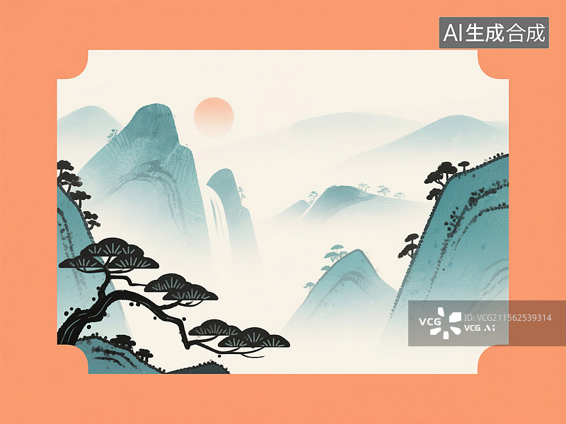 【AI数字艺术】重阳节插画背景现代扁平国风迷雾山谷水彩质感与墨线轮廓柔和橙青色调水墨画海报图片素材