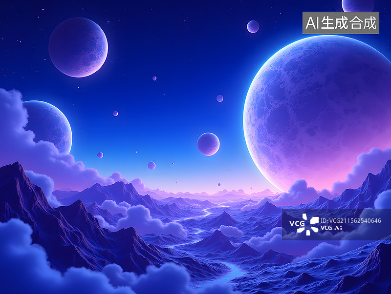 【AI数字艺术】梦幻星空与彩色行星场景插图图片素材