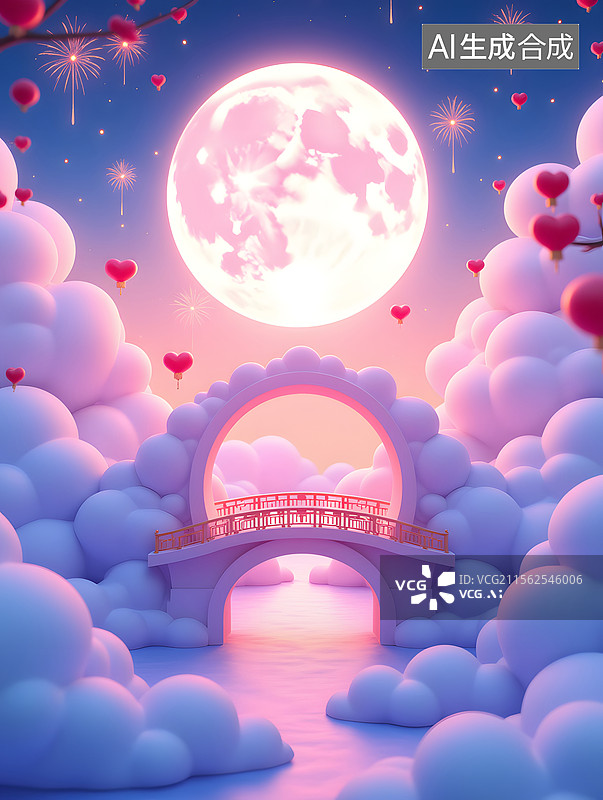 【AI数字艺术】七夕情人节的鹊桥相会3D插画图片素材