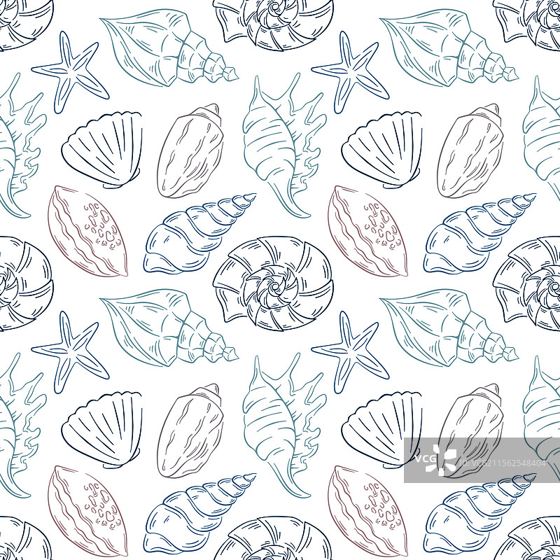 水下无缝图案，带有贝壳线条图片素材