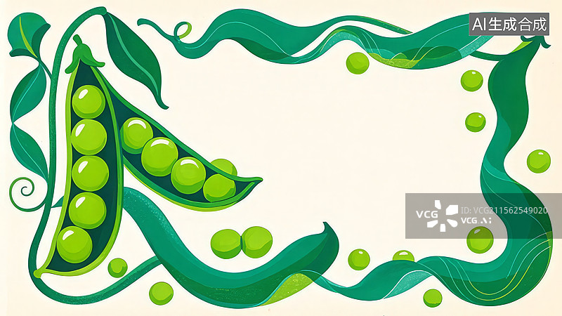 【AI数字艺术】2D卡通居左-绿色豌豆荚和叶子的装饰图案图片素材