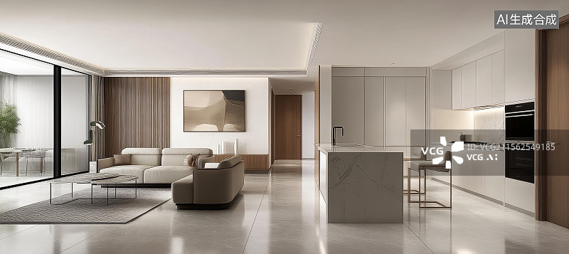 【AI数字艺术】现代简约风格的开放式厨房和客厅图片素材