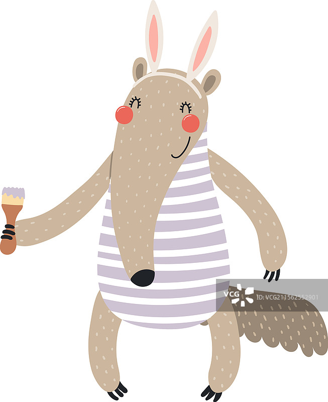 可爱的食蚁兽戴着复活节兔耳朵正在拿着图片素材