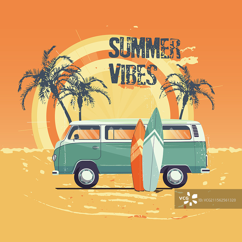 复古面包车冲浪车与冲浪板在日落时分图片素材