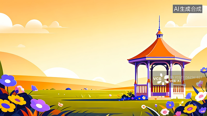 【AI数字艺术】春天公园凉亭花丛插画图片素材