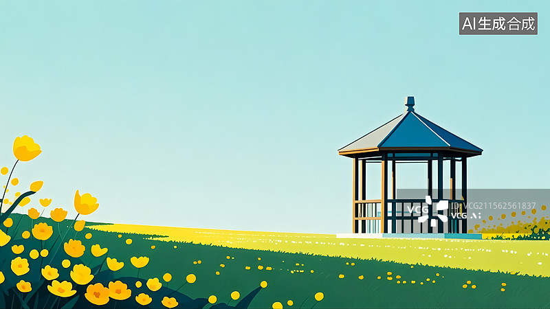 【AI数字艺术】春天公园凉亭花丛插画图片素材