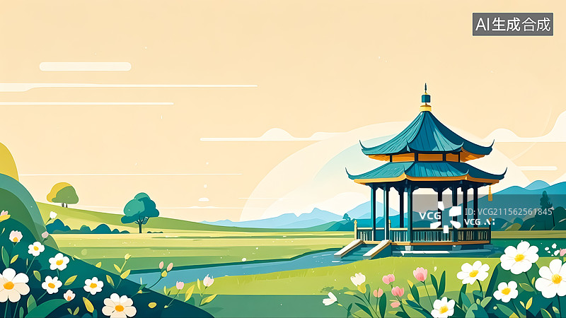 【AI数字艺术】春天公园凉亭花丛插画图片素材
