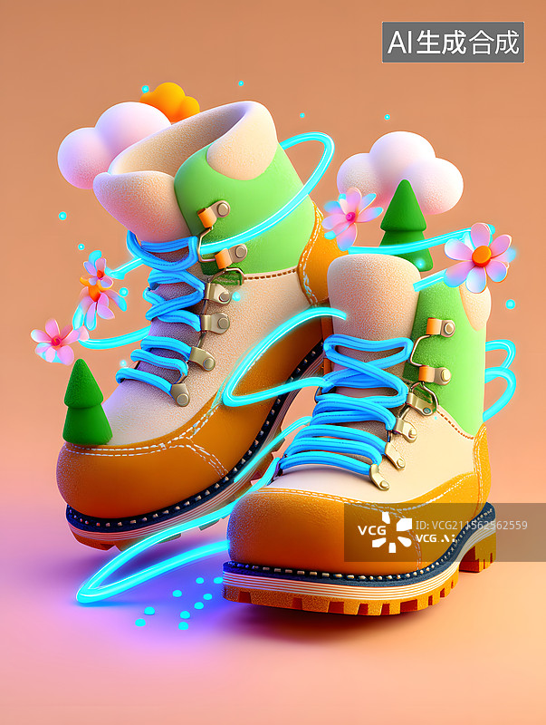 【AI数字艺术】夏天运动的户外登山鞋创意插图图片素材