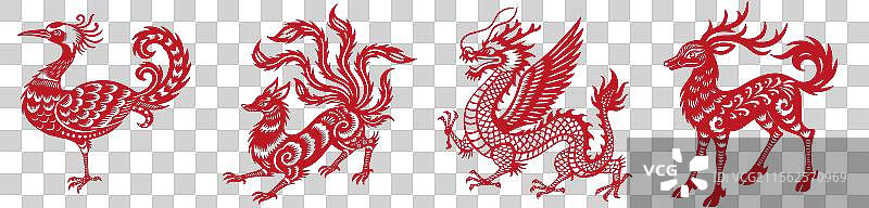 神话传说非遗剪纸山海经神兽系列图片素材