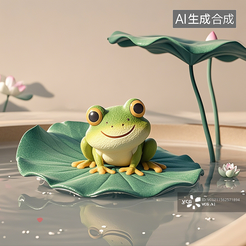 【AI数字艺术】3D渲染卡通动物，荷叶上的小青蛙，夏天，青蛙图片素材