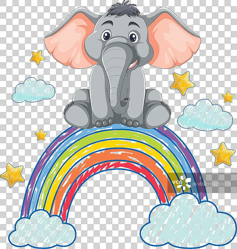 可爱的象坐在五彩斑斓的彩虹上图片素材