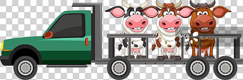 三只卡通牛在一辆绿色的皮卡车里图片素材