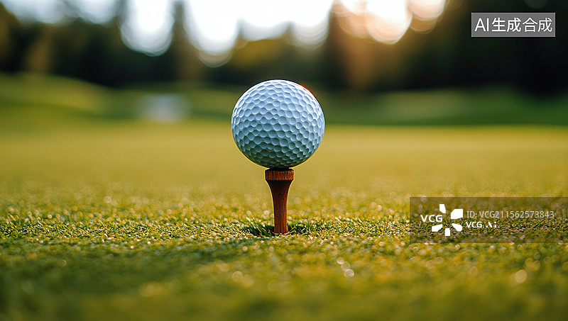 【AI数字艺术】草地上的发球台上的高尔夫球,高尔夫球场的背景模糊图片素材