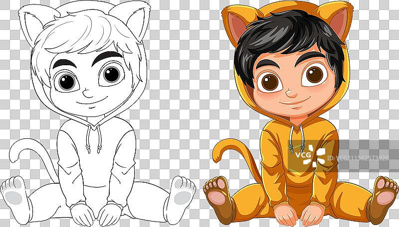 两个打扮成猫咪的孩子快乐地坐着图片素材