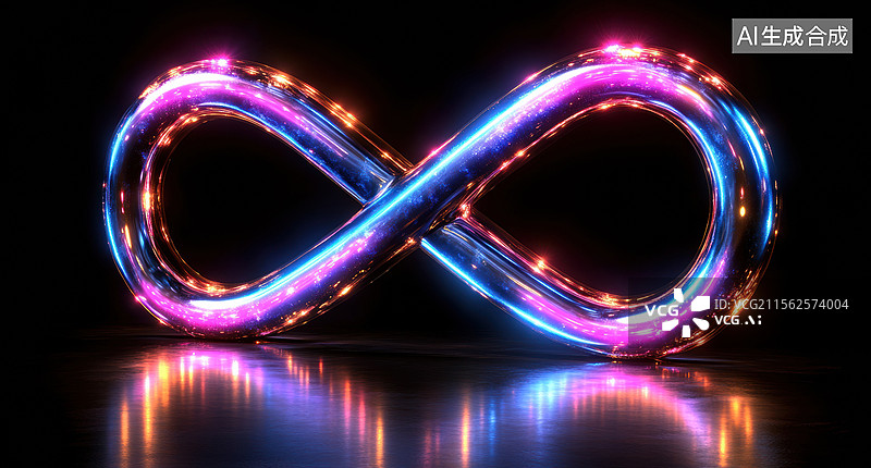 【AI数字艺术】银色和蓝色的无穷大符号,带有紫色和橙色的光芒图片素材