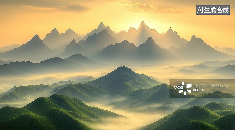 【AI数字艺术】山峦笼罩在雾气之中,太阳正在落山图片素材