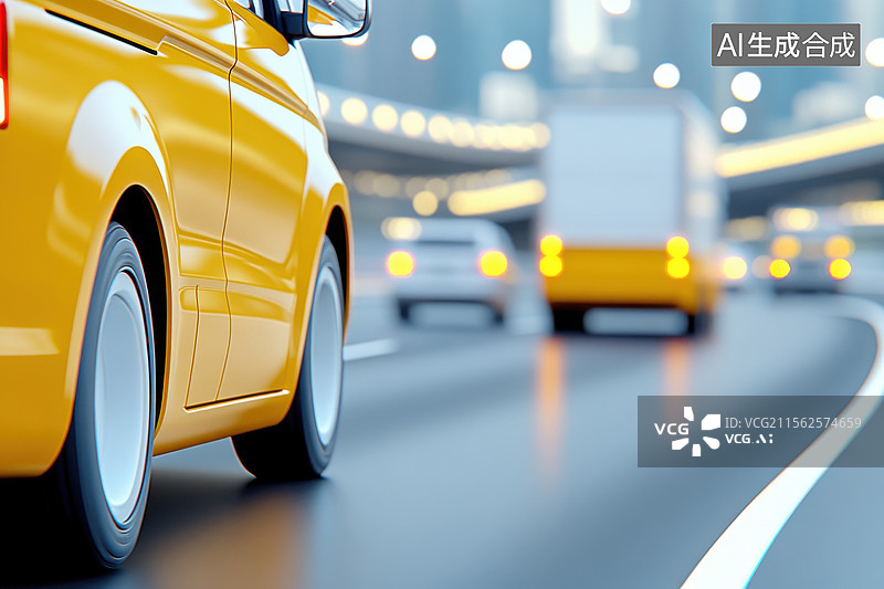 【AI数字艺术】一辆黄色轿车在高速公路上行驶,后面跟着卡车图片素材