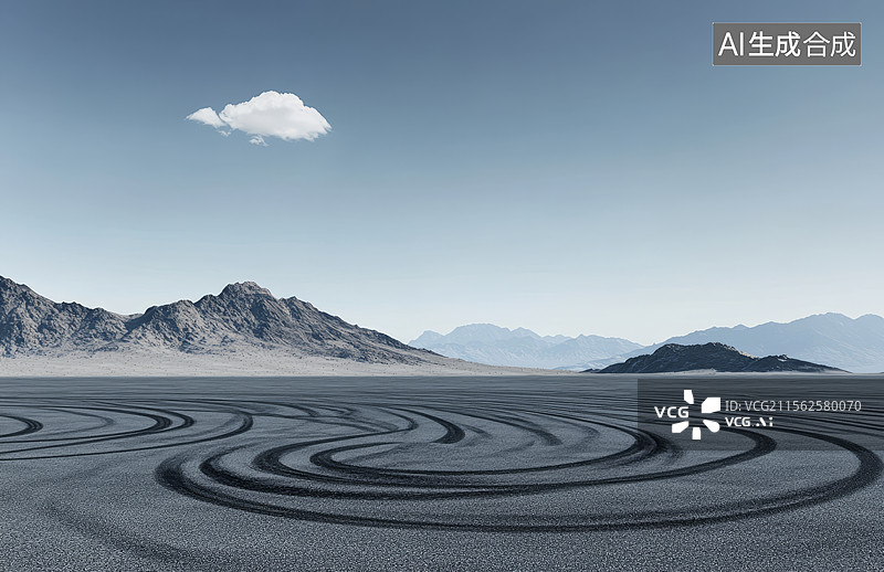【AI数字艺术】沙漠中的轮胎痕迹与山脉图片素材