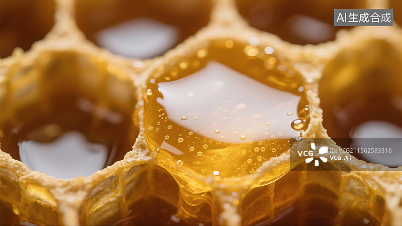 【AI数字艺术】蜂巢和蜂蜜的微观特写 规则排列的六边形蜂窝结构 几何美感图片素材