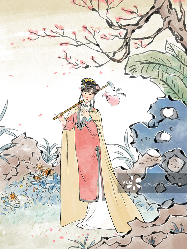 红楼梦典故黛玉葬花插画，古代美女在园林公园里游玩赏花。图片素材