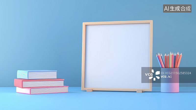 【AI数字艺术】3D学校文具用品书本彩铅与白板在桌子上图片素材