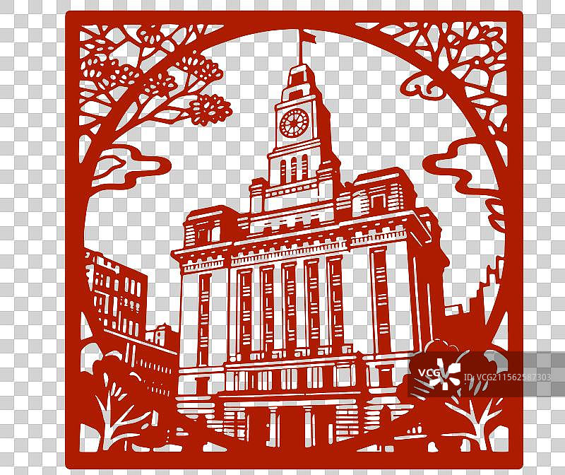 上海地标建筑海关大楼剪纸插画图片素材