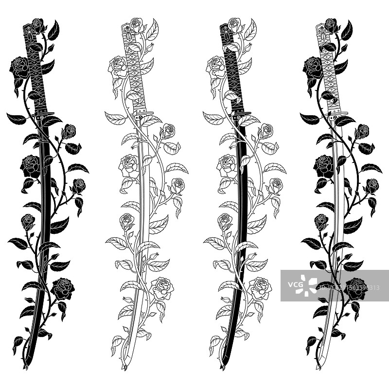 古老的日本武士刀被玫瑰环绕图片素材