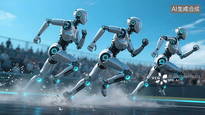 【AI数字艺术】人工智能人形机器人马拉松跑步比赛图片素材