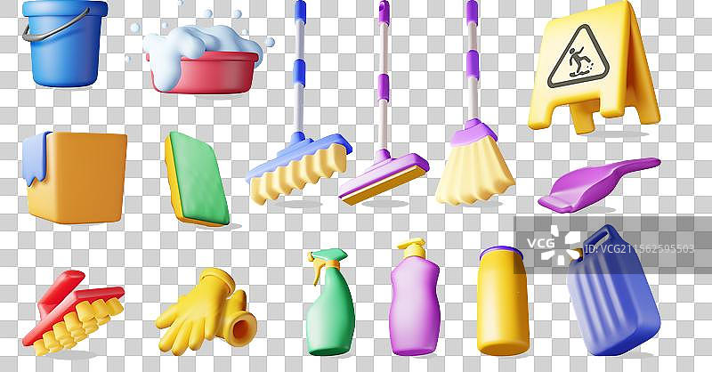 3D家居清洁工具套装，孤立展示图片素材