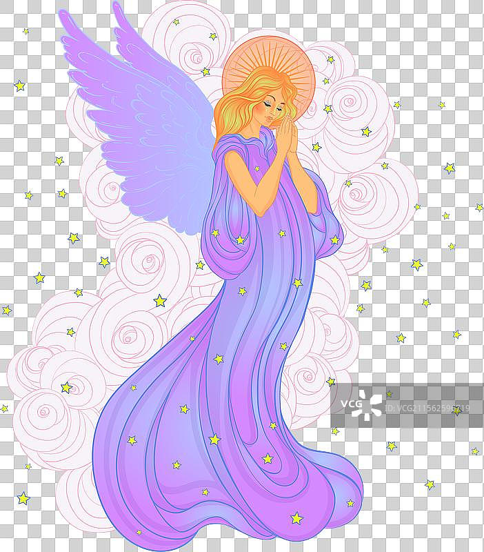 天使女孩，翅膀、十字架、玫瑰和光环图片素材