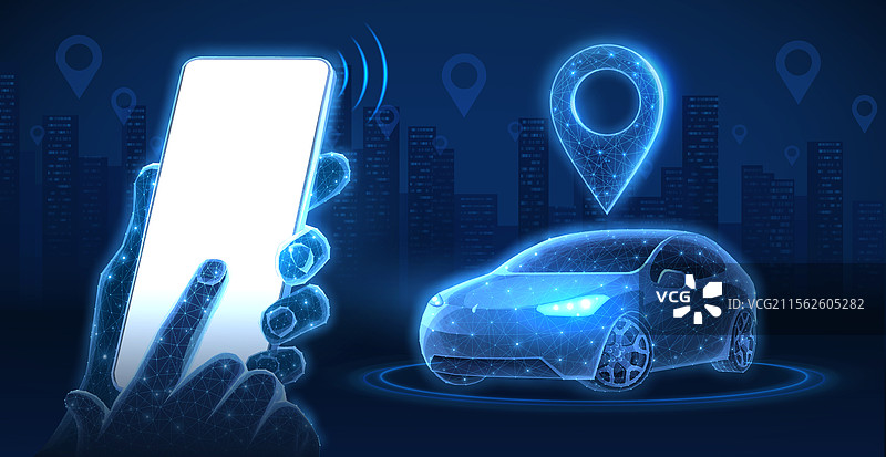 手中拿着空白屏幕的手机和数字汽车图片素材