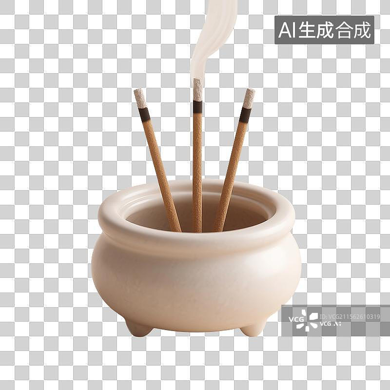 【AI数字艺术】3D渲染，中国风香炉，白色陶瓷香炉，清明节祭祀祭奠，焚香，沉香，香道，香文化，免抠元素图片素材