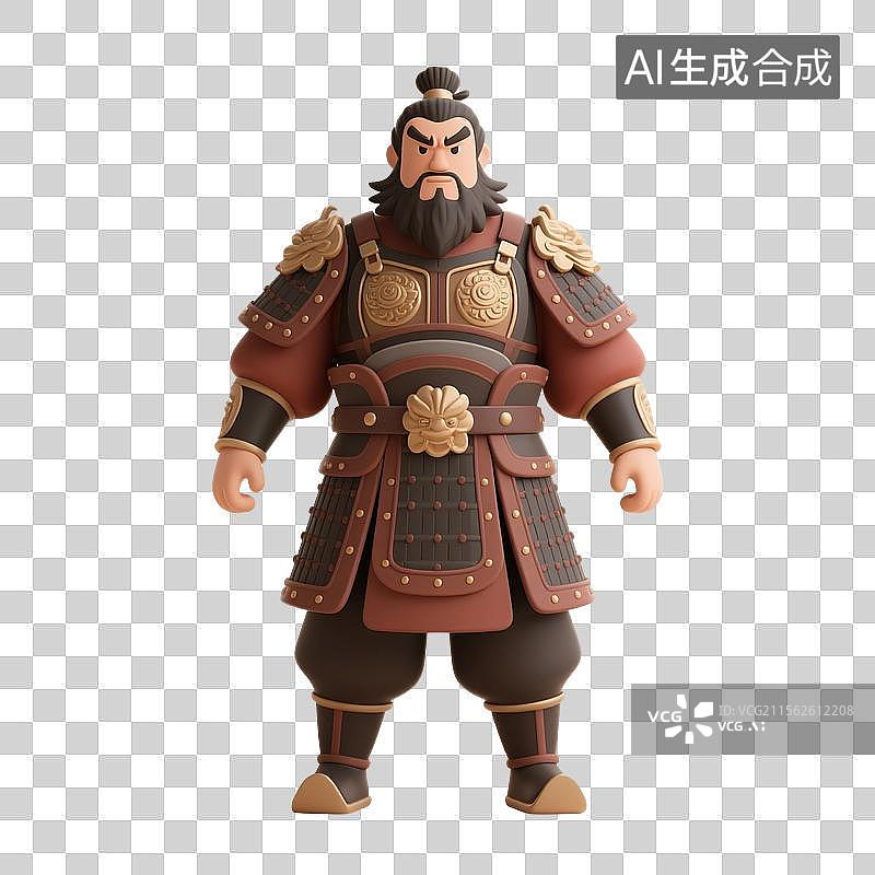 【AI数字艺术】3D渲染中国风古代卡通人物，门神张飞，武将，将军，拿着兵器的将军图片素材