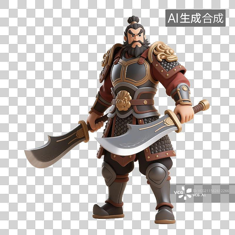 【AI数字艺术】3D渲染中国风古代卡通人物，门神张飞，武将，将军，拿着兵器的将军图片素材