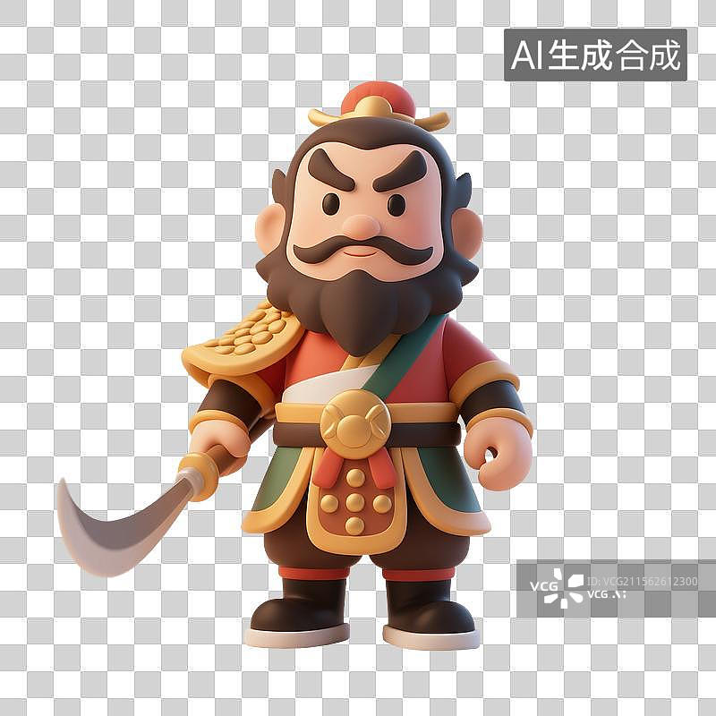 【AI数字艺术】3D渲染中国风古代卡通人物，门神张飞，武将，将军，拿着兵器的将军图片素材