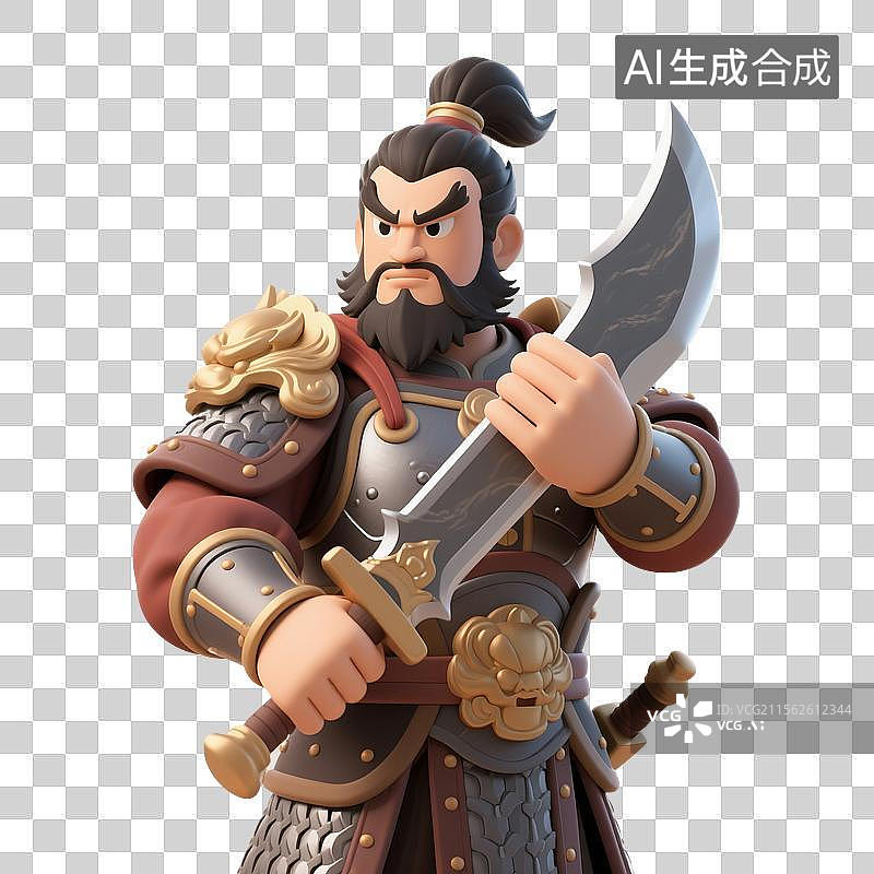 【AI数字艺术】3D渲染中国风古代卡通人物，门神张飞，武将，将军，拿着兵器的将军图片素材
