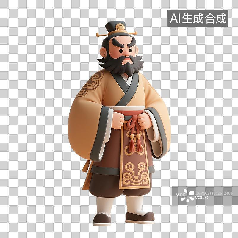 【AI数字艺术】3D渲染中国风古代卡通人物，门神张飞，武将，将军，拿着兵器的将军图片素材