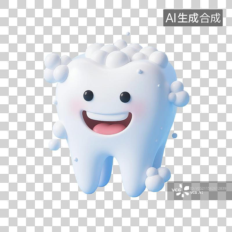 【AI数字艺术】3D渲染可爱的卡通牙齿，满身泡沫的拟人牙齿，洗牙，漱口，牙齿清洁，免抠元素图片素材