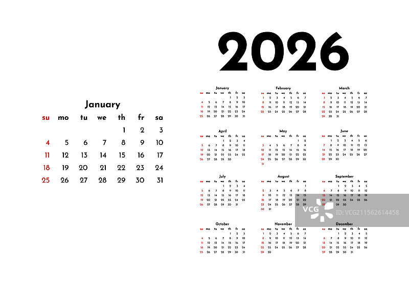 2026年日历，孤立在白色背景上图片素材