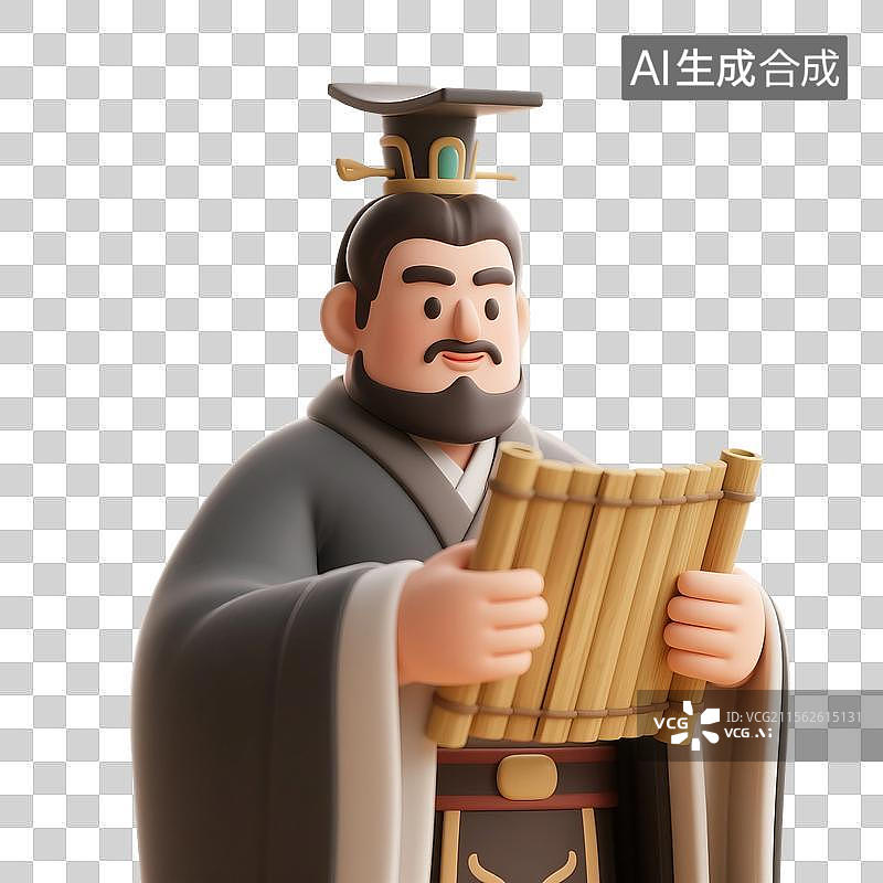【AI数字艺术】3D渲染古代卡通人物，秦始皇，汉武帝，拿着竹简的古人，名人，免抠元素图片素材