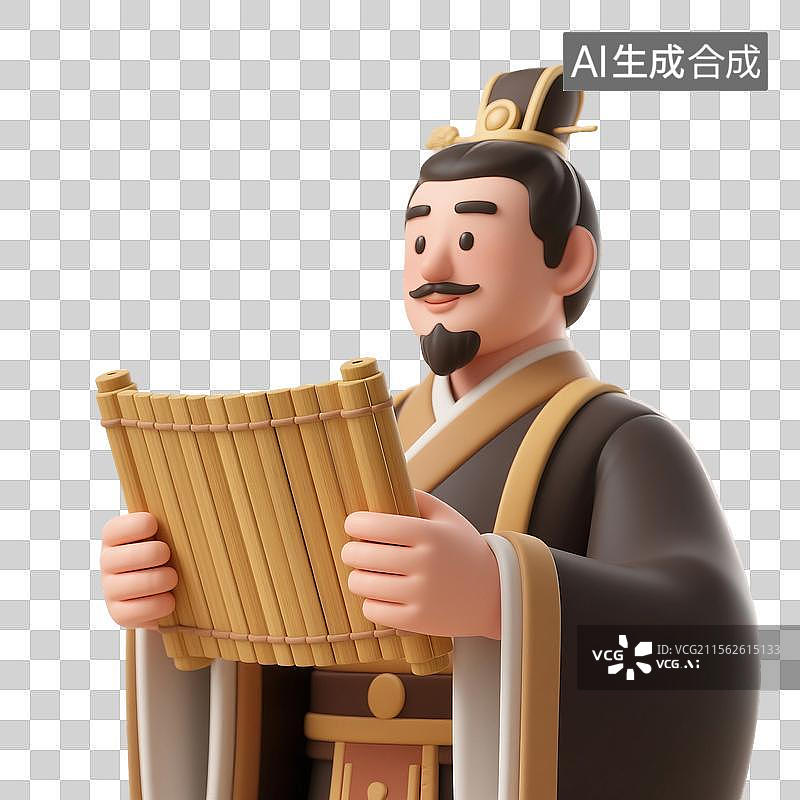 【AI数字艺术】3D渲染古代卡通人物，秦始皇，汉武帝，拿着竹简的古人，名人，免抠元素图片素材