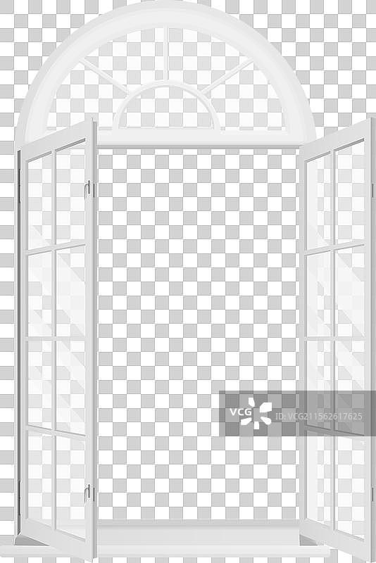 带有拱形白色框架的三维窗户，两个窗扇打开。图片素材
