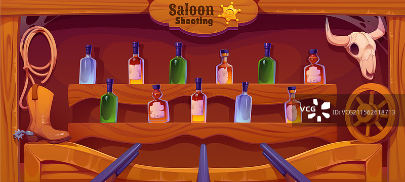 西部酒馆嘉年华射击游戏，瓶子与枪械图片素材